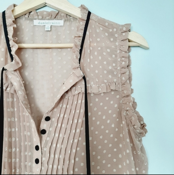 🌿2 for $40 / DANIEL RAINN Sheer Tan Flocked Polka-dot Blouse Top M - Picture 2 of 6